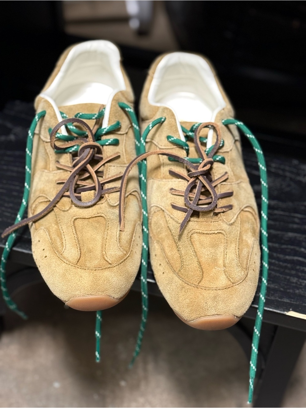 Women Suede Casual Sneakers in Tan with Brown leather and Green Laces